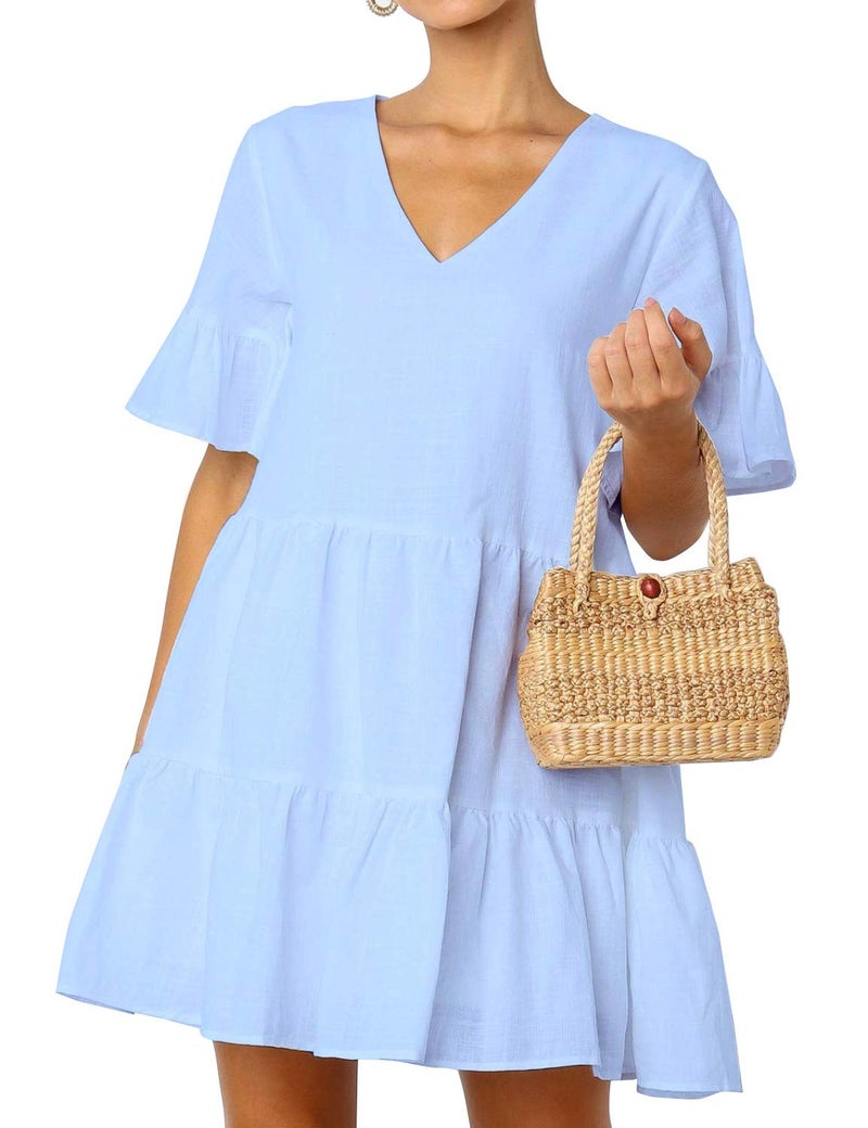FANCYINN Womenâ€™s Sweet Shift Tunic Dress Short Bell Sleeve V Neck Causal Swing Red Ruffle Mini Dress with Pockets Light Blue L - Image 4
